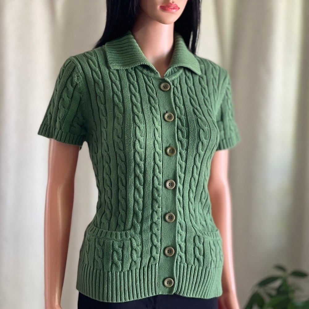 LL Bean Green Cable Knit Short Sleeve Cardigan Sweater Collared Cottagecore M
